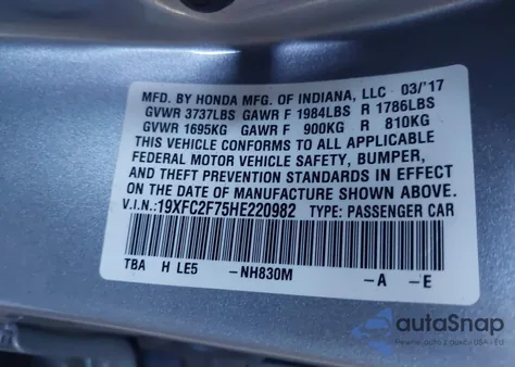 2017 Honda Civic Ex из США, поврежденный, VIN 19XFC2F75HE220982